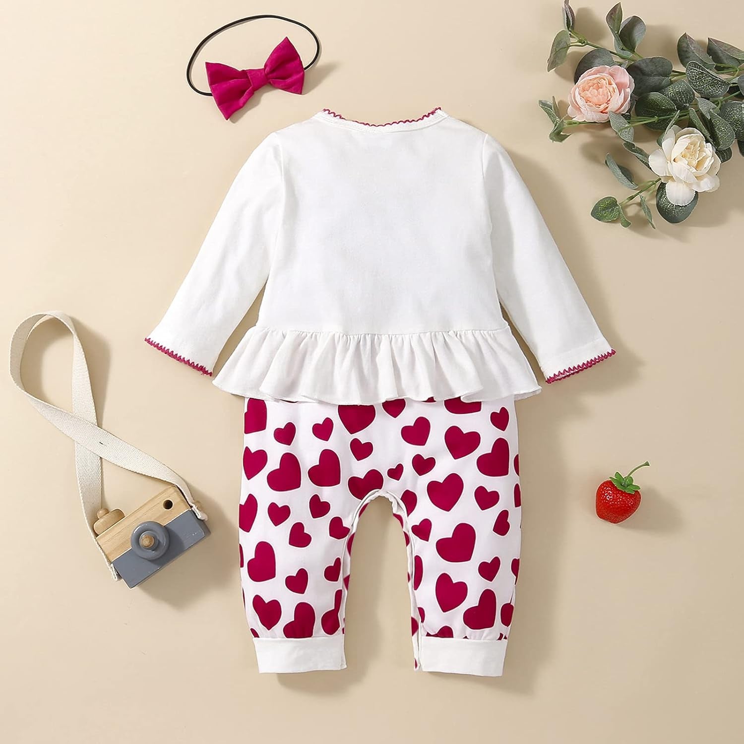 Newborn Baby Girl Fall Clothes Casual Long Sleeve Love Elephant Printed Romper Jumpsuit with Headband (White Red, 12-18 Months)