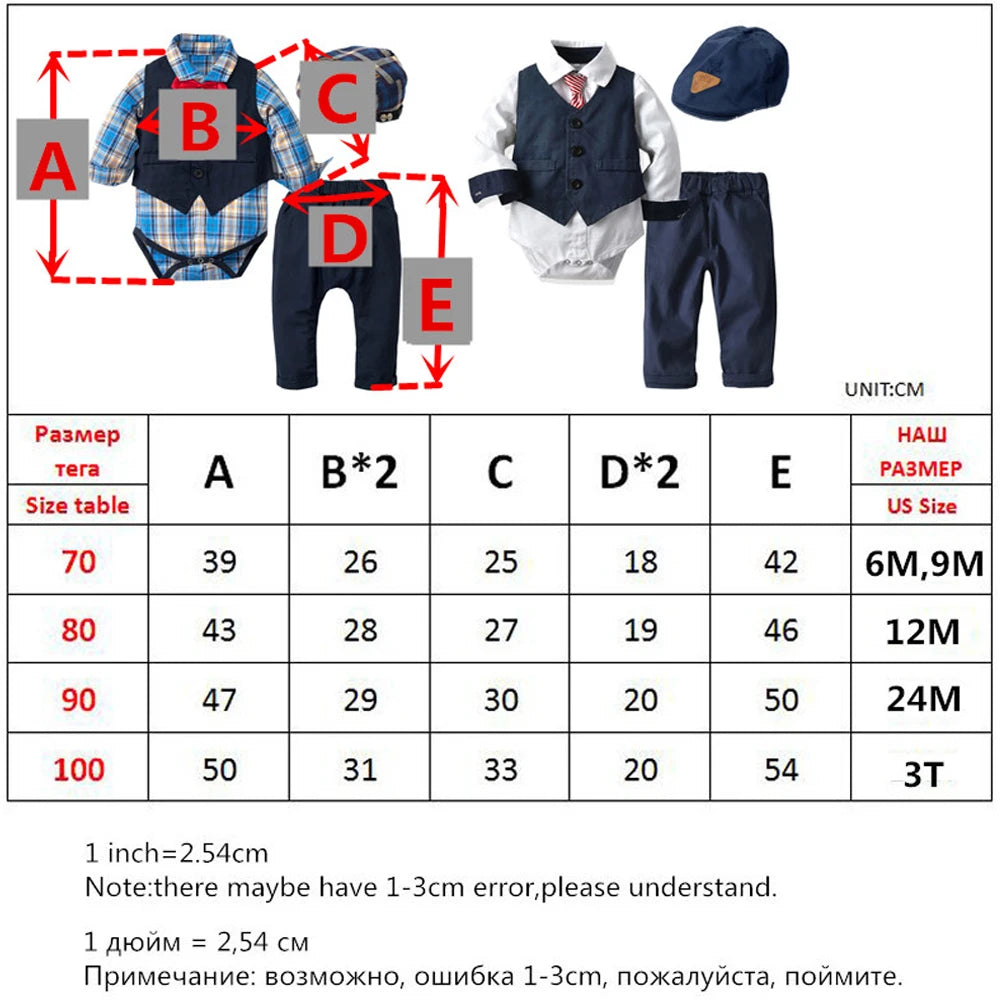 Baby Suits Newborn Boy Clothes Romper + Vest + Hat Formal Clothing Outfit Party Bow Tie Children Toddler Birthday Dress 0- 24 M