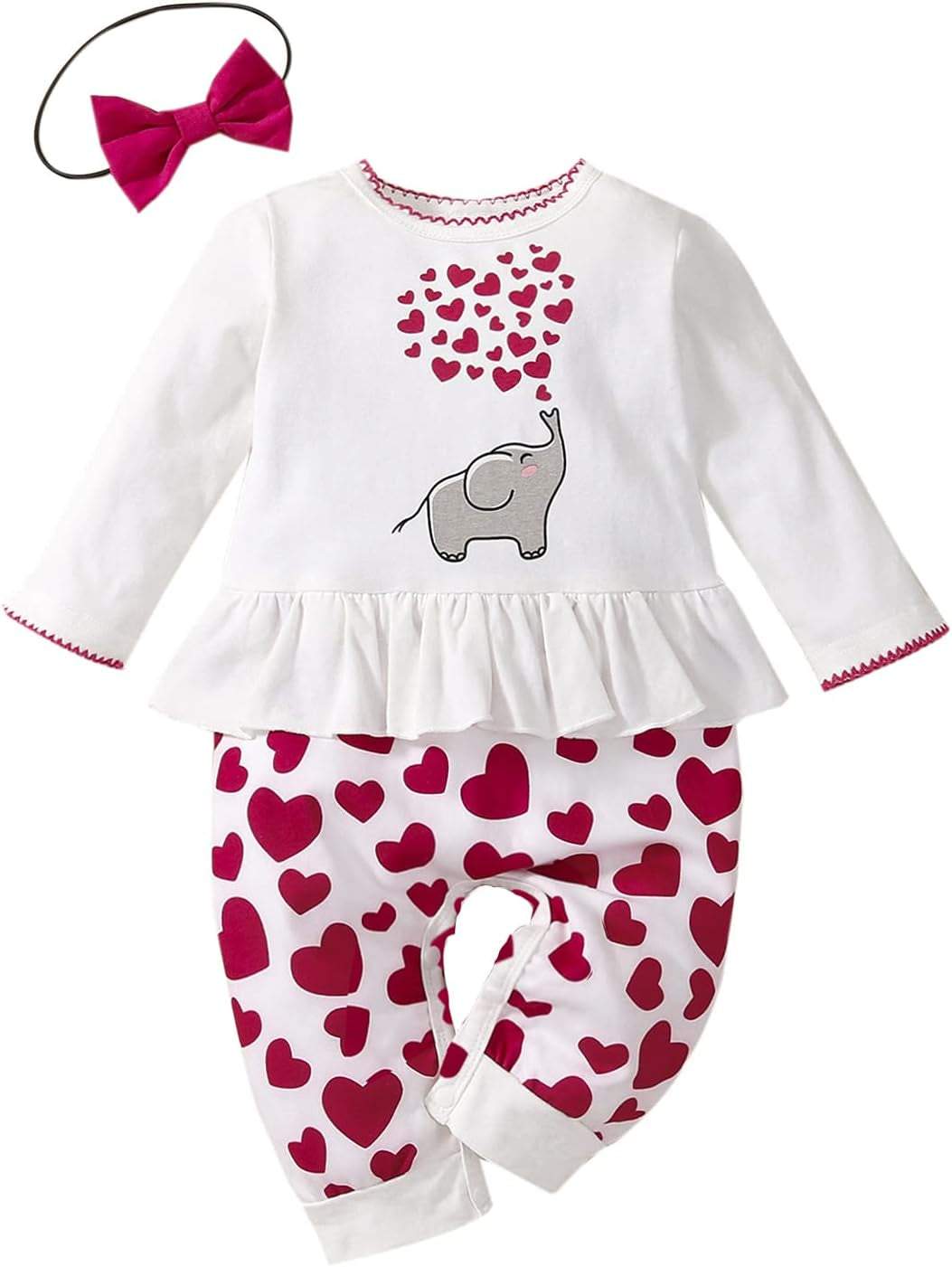 Newborn Baby Girl Fall Clothes Casual Long Sleeve Love Elephant Printed Romper Jumpsuit with Headband (White Red, 12-18 Months)