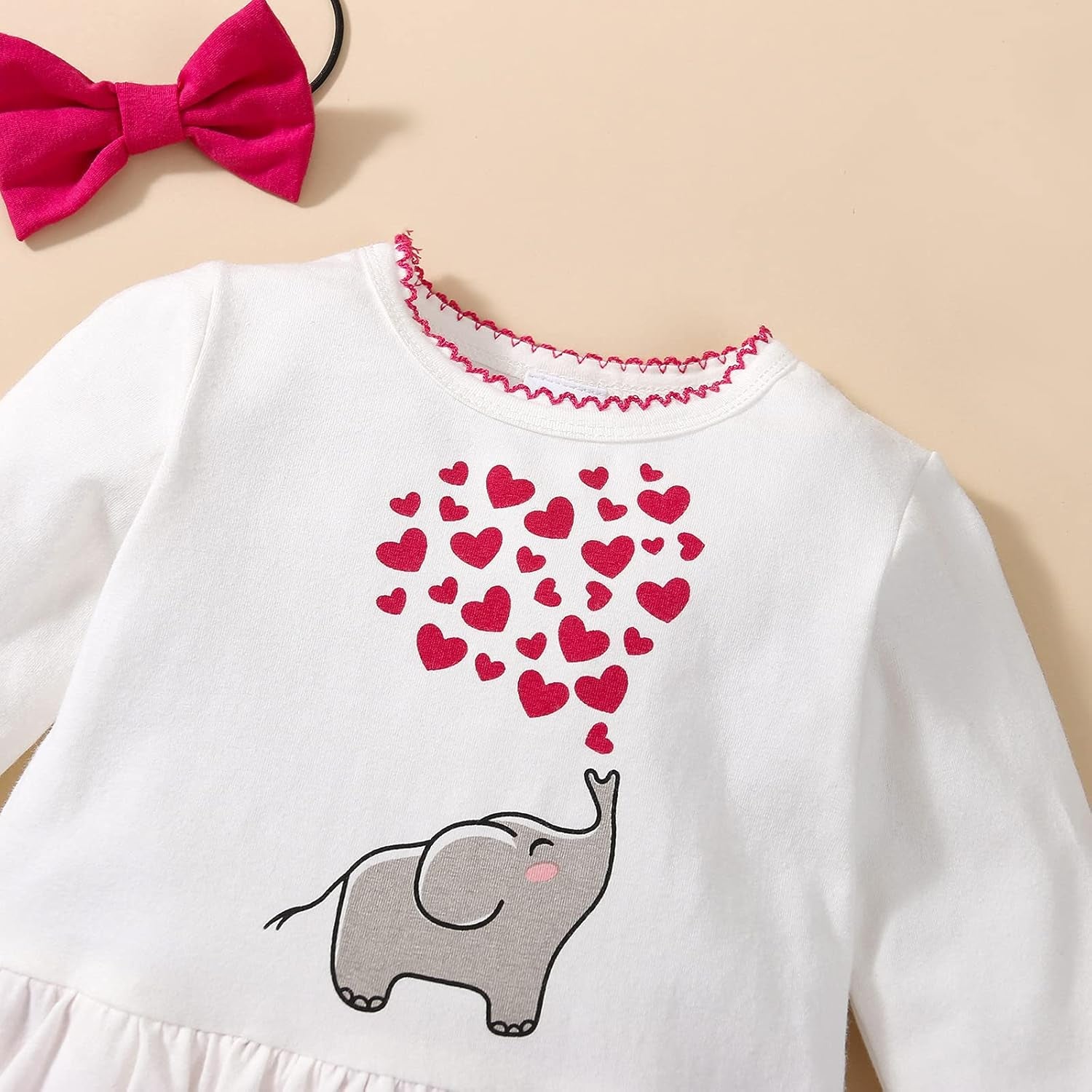 Newborn Baby Girl Fall Clothes Casual Long Sleeve Love Elephant Printed Romper Jumpsuit with Headband (White Red, 12-18 Months)