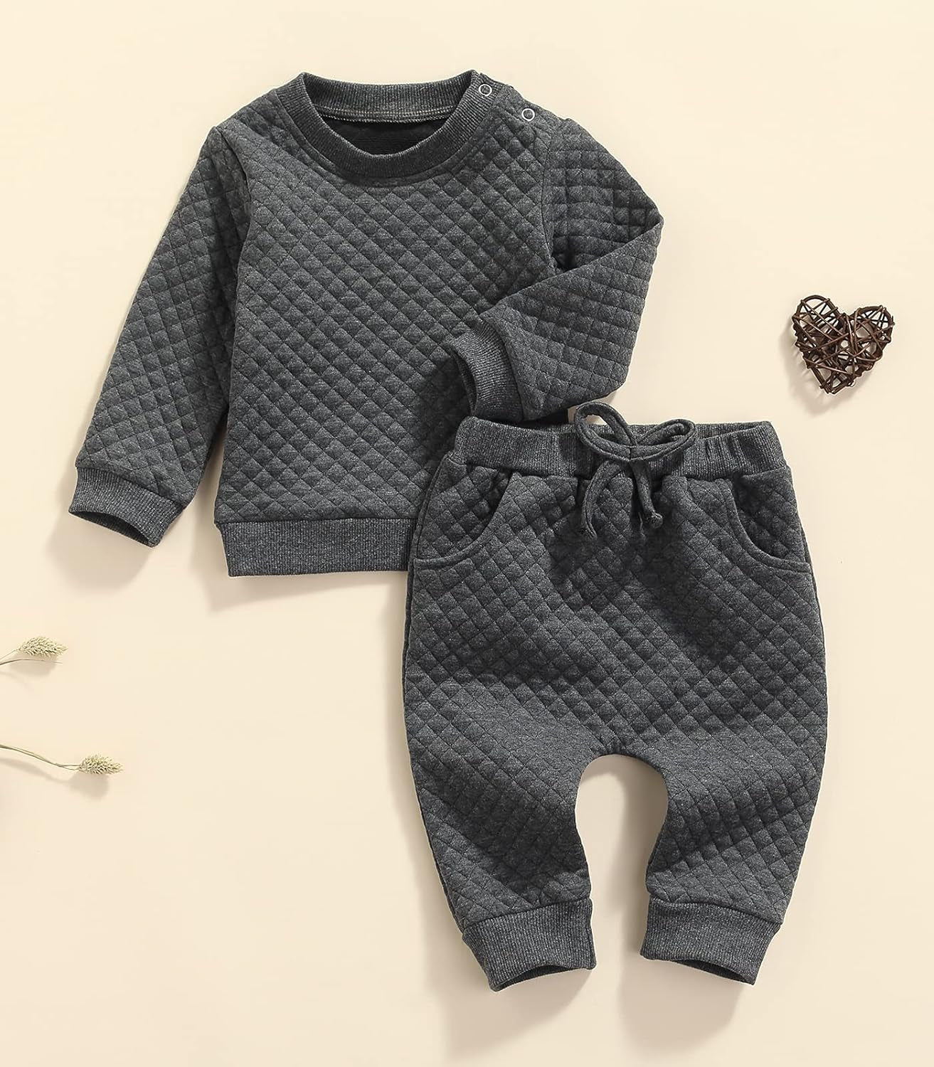 Newborn Baby Boy Girl Clothes Gender Neutral Sweatsuit Unisex Solid Outfit Long Sleeve Warm Pullover Pant Set