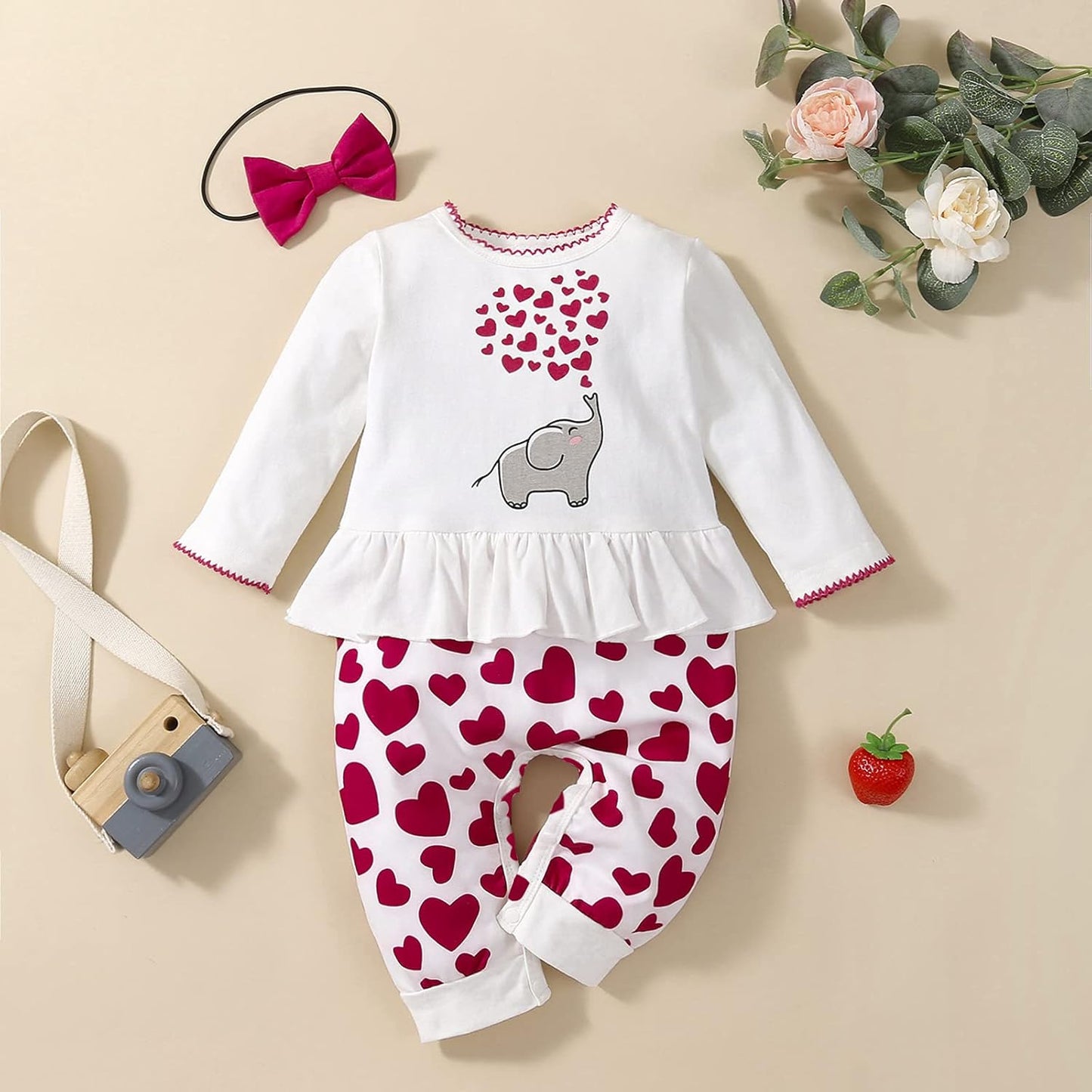 Newborn Baby Girl Fall Clothes Casual Long Sleeve Love Elephant Printed Romper Jumpsuit with Headband (White Red, 12-18 Months)