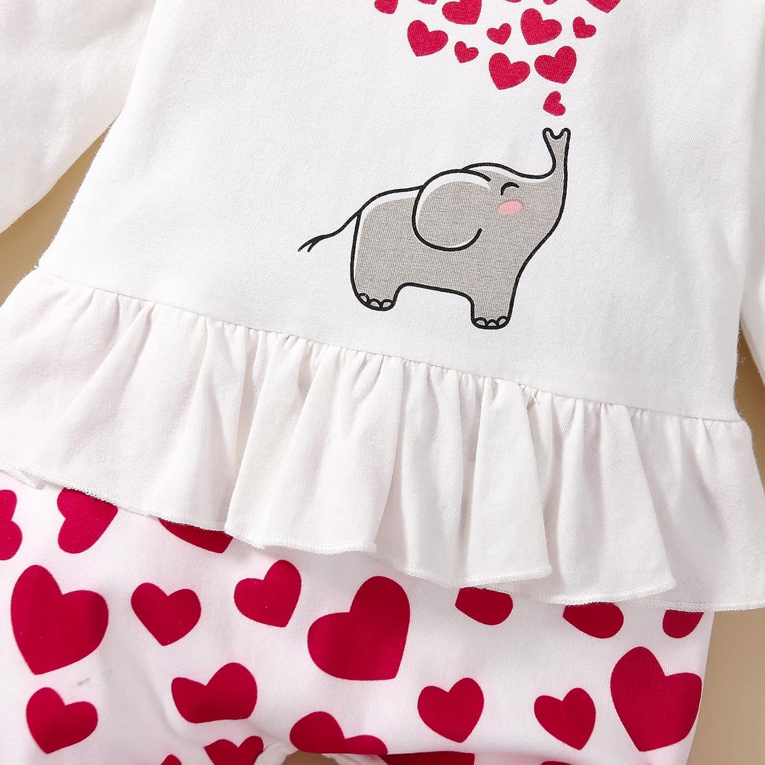 Newborn Baby Girl Fall Clothes Casual Long Sleeve Love Elephant Printed Romper Jumpsuit with Headband (White Red, 12-18 Months)