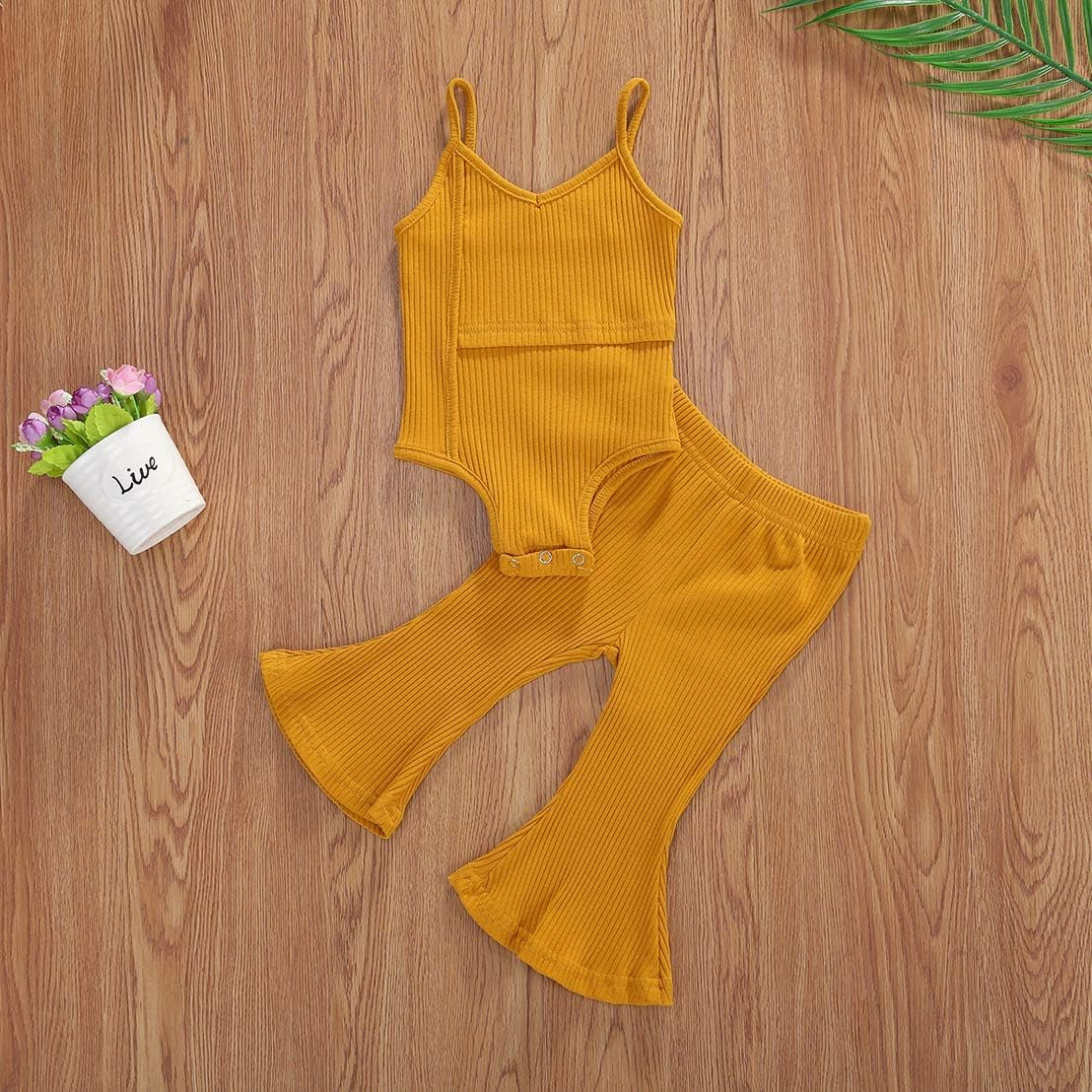 2Pcs Toddler Baby Girl Solid Color Knitted Outfit Set Halter Strap Splice Romper+Bell-Bottomed Long Pants Clothes (Yellow, 0-6M)