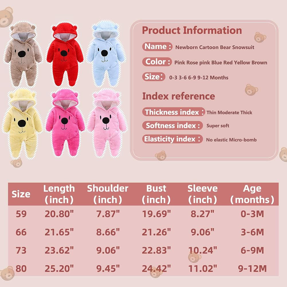 Baby Newborn Snowsuit Winter Hooded Footie Fleece Jumpsuit for Infant Girls Boys