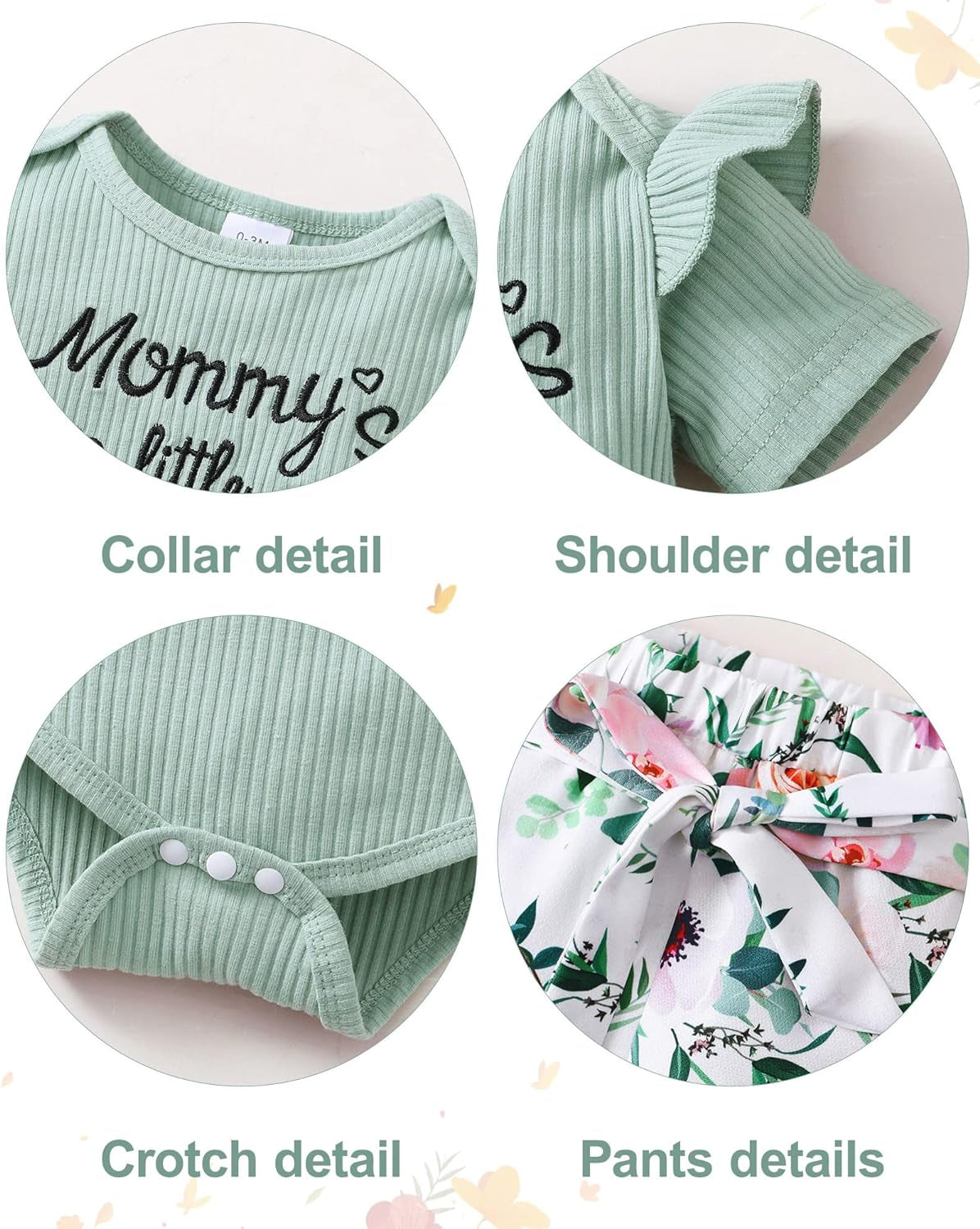 Baby Girl Clothes Newborn Infant Girl Outfits,Short Sleeve Bodysuit Ruffled Floaral Pants Headband Set(Light Green,12-18M)